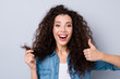 Close-up portrait of her she nice cute lovely attractive cheerful wavy-haired girl holding soft wealth curls perfect solution repair anti loss lose dander dandruff isolated over gray background