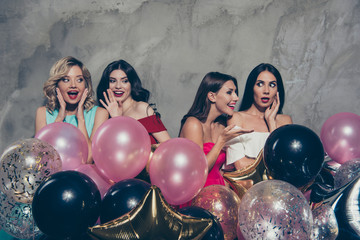 Poster - Portrait of nice lovely fascinating chic charming pretty attractive glamorous shine gorgeous cheerful ladies many different baloons discussing news over gray concrete wall