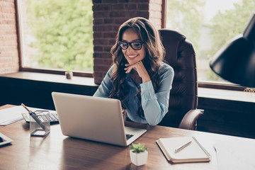 Sticker - Close up photo beautiful she her business lady got promotion look screen speak skype sit big office chair working chatting investors hear good news glad answer wearing specs formal wear suit shirt