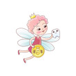 Tooth fairy with a baby milk tooth and a magic wand. Tooth fairy girl flying Fantastic vector illustration in cartoon style isolated on white background.
