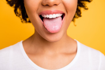 cropped close up photo beautiful amazing she her dark skin lady beaming whitening toothy smile tongu