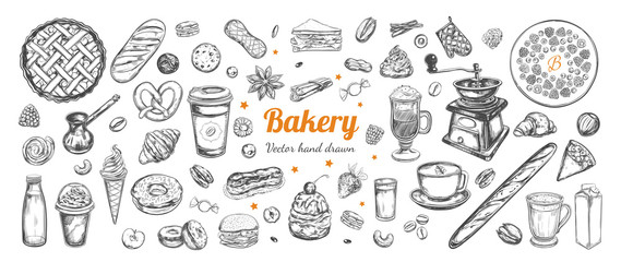 coffee and bakery vector hand drawn, elements. template with vintage sketch illustrations , differen