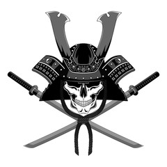 Wall Mural - Samurai skull in a helmet with swords. Vector image on white background.