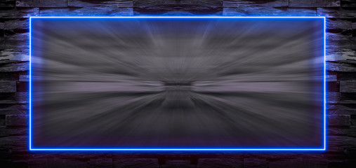 Wall Mural - blue neon light frame on stone background with motion blur. copy space for text or product display.
