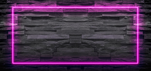 Wall Mural - pink neon light frame on stone background. copy space for text or product display.