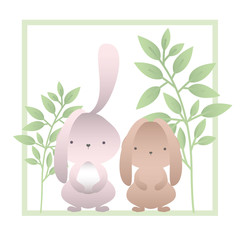 Sticker - rabbits with branchs and leaves isolated icon