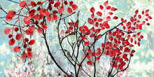 Collection Of Designer Oil Paintings. Decoration For The Interior. Modern Abstract Art On Canvas.  Tree With Red Leaves On Blue Background.