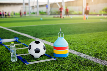 Wall Mural - soccer ball, ladder drill, marker cones and bottle water on green artificial turf