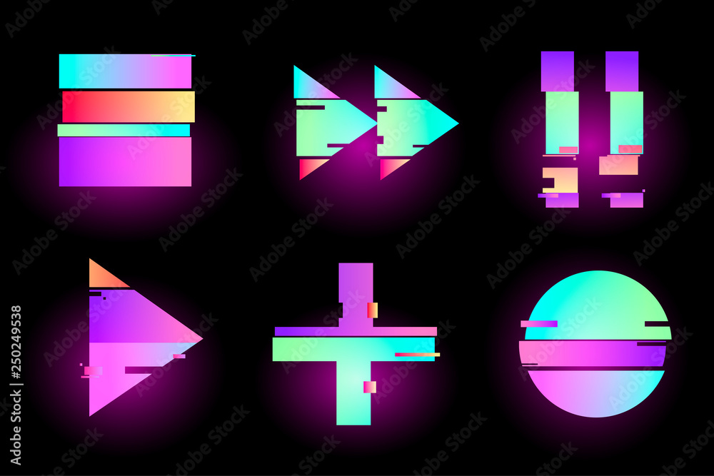 Set of abstract minimal template design for branding, advertising, retro, synthwave holographic in geometric glitch style.Play, pause, record, play buttons. Vector illustration  - obrazy, fototapety, plakaty 