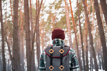 Wall Mural - Hiking male person in winter forest. Man in checkered winter shirt walking in beautiful snowy woods