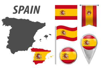 Canvas Print - SPAIN. Collection of symbols in colors national flag on various objects isolated on white background. Flag, pointer, button, waving and hanging flag, detailed outline map and country inside flag.