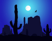 Silhouette Of Blooming Cactuses And Western Rocks On The Background Of Night Sky.