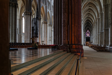 Inside Reims Cathedral. This Roman Catholic cathedral was built on the site of the basilica where Clovis was baptized. This major tourist destination receives about 1 million visitors annually.