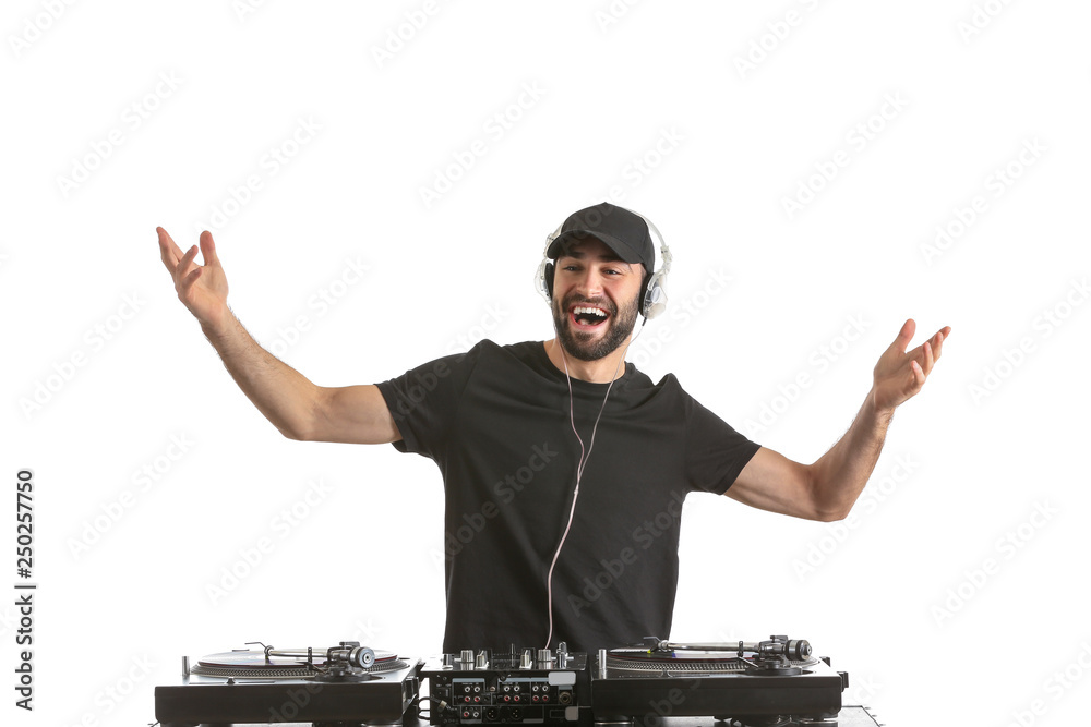 Male DJ playing music on white background