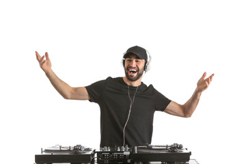 Male DJ playing music on white background