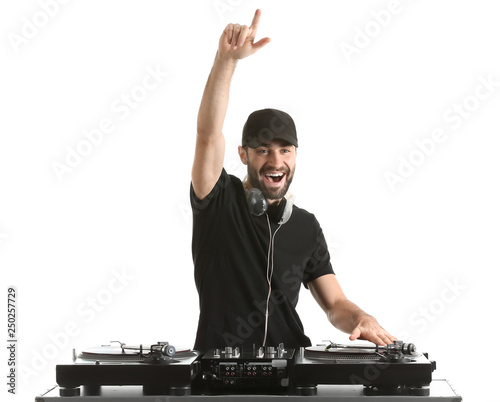 Male DJ playing music on white background Fototapeta