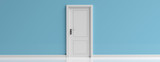 Closed door white on blue wall background, banner, copy space. 3d illustration