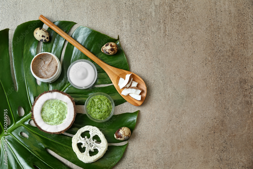 Natural ingredients for cosmetic on grey background