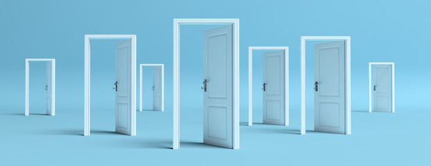 white doors opened on blue background, banner. 3d illustration