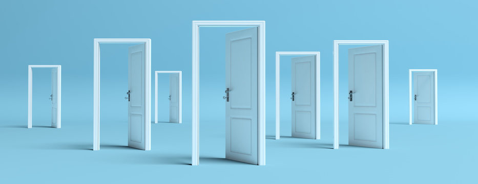 White doors opened on blue background, banner. 3d illustration