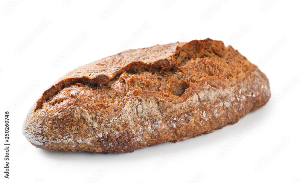Loaf of fresh bread on white background