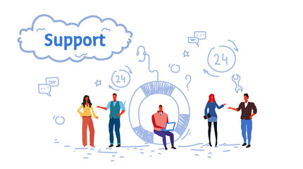 Poster - business people group technical team support center concept online customer service working process 