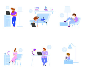 Wall Mural - Lifestyle in a smartphone, people work on a tablet. Flat interior design.