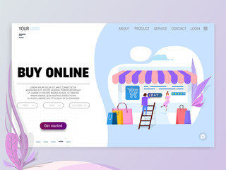 Wall Mural - Online shopping concept, illustration metaphor, tiny cartoon people and laptop as storefront