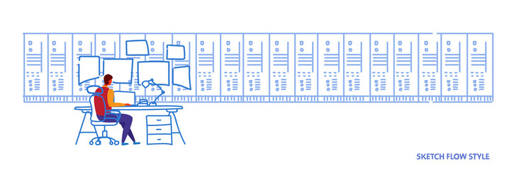 Poster - man sitting workplace desk working in data center room hosting server computer monitoring concept information database rear view worker sketch flow style horizontal banner