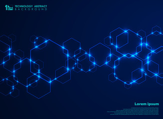 Abstract futuristic hexagon shape pattern connection in gradient blue technology background.
