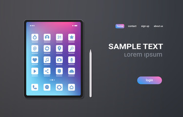 Poster - realistic tablet pc mobile application icons ui colorful screen on gray background digital technology concept horizontal copy space