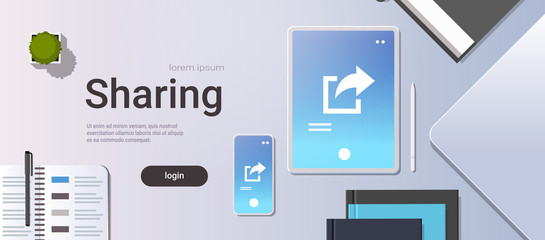 Poster - data share online internet sharing network top angle view workplace desktop with tablet pc and smartphone screen synchronization storage office stuff horizontal copy space