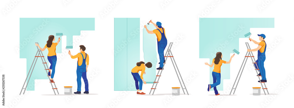 House repair. People painting the wall and  glues wallpaper at home. Vector illustration. - obrazy, fototapety, plakaty 