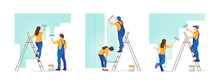 House Repair. People Painting The Wall And  Glues Wallpaper At Home. Vector Illustration.