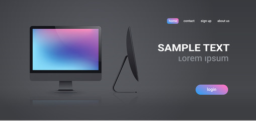 Poster - modern desktop monitor workstation blank computer display front and side view digital technology concept gray background horizontal banner copy space