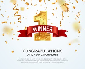 Wall Mural - 1 place competition vector illustration. winner golden number one with red ribbon on falling down co