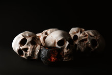 Human Skulls And Candle Holder On Black Background