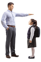 Sticker - Young man in formal clotes gesturing with hand and showing the height of a little schoolgirl