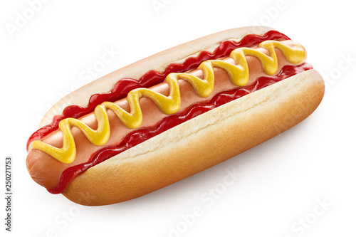Cuadros en Lienzo Delicious hot dog with ketchup and mustard, isolated on white background