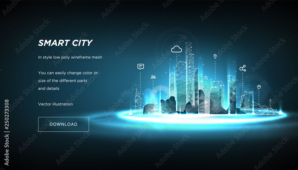 Smart city low poly wireframe on blue background.City future abstract or metropolis.Intelligent building automation system business concept.Polygonal space low poly with connected dots and lines.Vecto - obrazy, fototapety, plakaty 