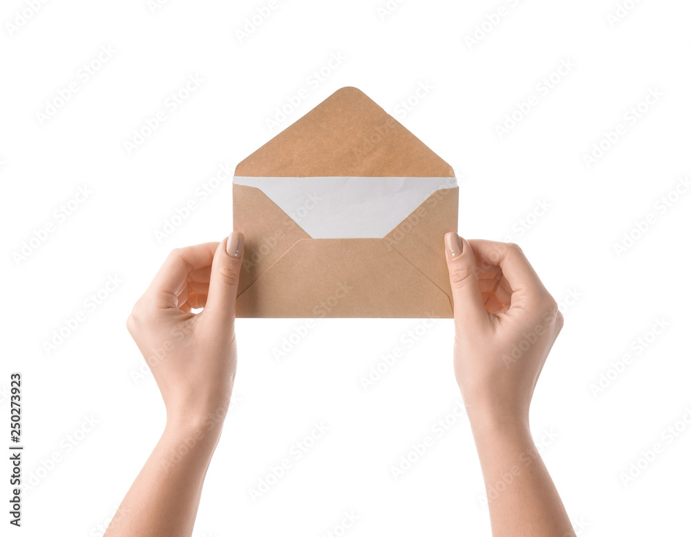 Female hands with envelope on white background