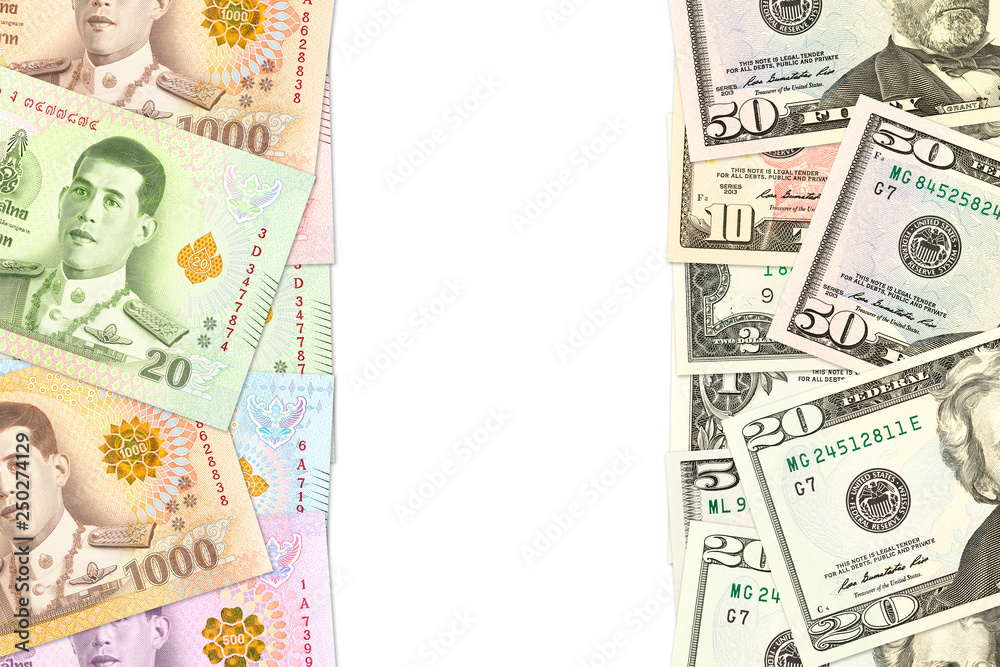 some thai baht and usdollar banknotes indicating trade relations with