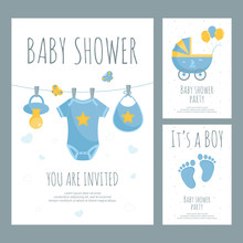 Baby Shower For Future Mother Of Little Boy Invitation In Flat Style.
