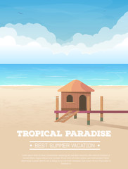 Wall Mural - Summer vacation vertical banner. Bungalow tropical sand beach, sea or ocean with waves and big clouds on horizon. Small wooden house. Seaside view. Vector illustration. Hotel hut on exotic beach.