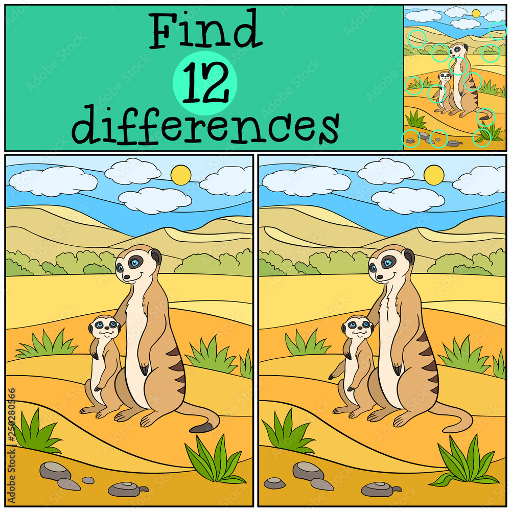 Educational game: Find differences. Mother meerkat with her baby. Stock ...