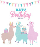 Fototapeta Pokój dzieciecy - Llama birthday card. Cute birthday greeting card with alpaca. Editable vector illustration