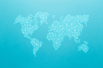 world map on the principle of neural networks on the blue background. world community and network. a