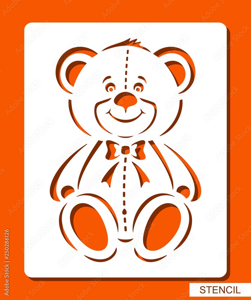 Happy smiling Teddy bear. Stencil for children. White object on orange background. Сartoon zoo character. Template for laser cutting, wood carving, paper cut and printing. Vector illustration. Stock Vector | Adobe Stock