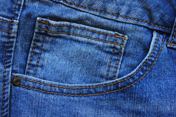 Sticker - Blue denim jeans pocket design with rivets, stitches and seams close up view. Classic fashion jeans pattern, simple canvas of empty light blue denim texture background for copy space or template