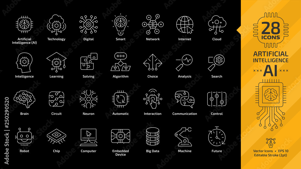 Vector artificial intelligence editable stroke thin outline white icon ...